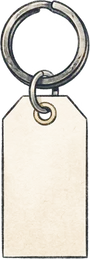 Illustrated key-tag charm with a metal split ring and a plain fabric tag, swinging beside the job ticket