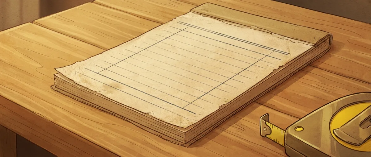 Illustrated close-up of an aged manila ticket pad resting on the edge of a wood-grain workbench, with a tape measure's edge visible at one corner